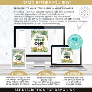 May include: A digital mockup showing how to personalize a printable "Wild One" birthday party sign using the Corjl.com online editing tool. The sign features a jungle theme with green leaves, gold glitter, and a giraffe, lion, and zebra. The text on the sign reads "Jonathan's Wild One Welcome to the Party".