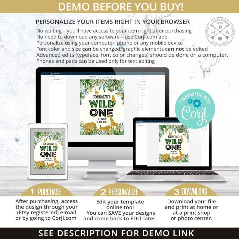 May include: A digital mockup showing how to personalize a printable "Wild One" birthday party sign using the Corjl.com online editing tool. The sign features a jungle theme with green leaves, gold glitter, and a giraffe, lion, and zebra. The text on the sign reads "Jonathan's Wild One Welcome to the Party".