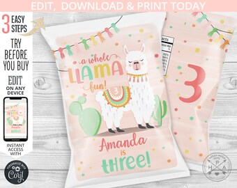 Llama fun chip bag, snacks treat bags, chips pouch, wrapper, cactus alpaca fiesta, any age birthday party editable template. 071HPA 30 A