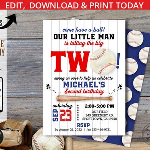 Baseball zweiter Geburtstagseinladung ZWEI Marineblau-Rotjungen-Party laden Rookie des Jahres Sportballspiel ein. Bearbeitbares Kartendesign. 191HPA-06