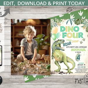 Invitación de cuatro cumpleaños de dinosaurio dinosaurio ROAR T-Rex niño cuarta tarjeta prehistórica de vegetación de dino-ácaros de 4ta fiesta. Editable imprimible. 143HPA 02