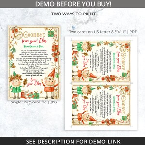 May include: Two printable cards featuring a watercolour illustration of elves with a Christmas message. The text reads "Goodbye from your Elves, Dear Olivia & Paul". The cards are available in two sizes: 5x7 inches and 8.5x11 inches.