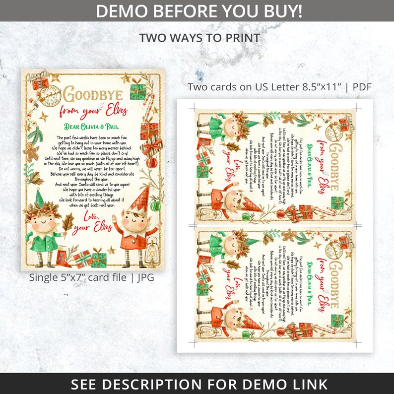 May include: Two printable cards featuring a watercolour illustration of elves with a Christmas message. The text reads "Goodbye from your Elves, Dear Olivia & Paul". The cards are available in two sizes: 5x7 inches and 8.5x11 inches.