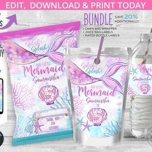 Mermaid party pack, mermaid chips bag juice water bottle labels wrappers, any age birthday bundle. Editable printables. 199HPA 50