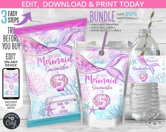 May include: A printable party favor bundle for a little mermaid themed birthday party. The bundle includes a chip bag wrapper, juice box labels, and water bottle labels. The labels feature a mermaid tail, seashells, and the text "Our Little Mermaid Samantha is 5".