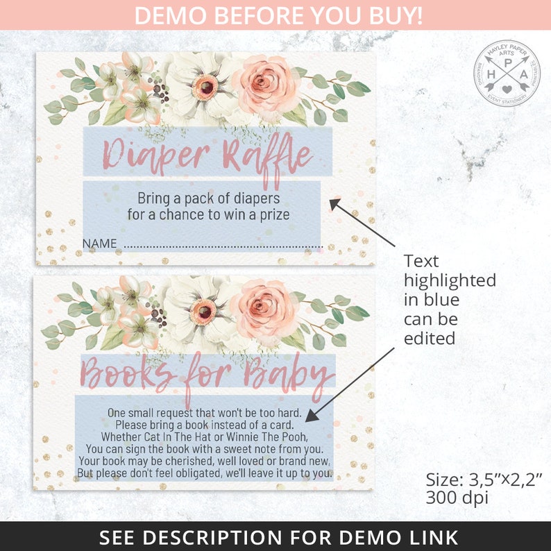 Instant access 002HPA 05 EDITABLE Floral blush pink diaper raffle book request eucalyptus books for baby confetti cards Pumpkin party