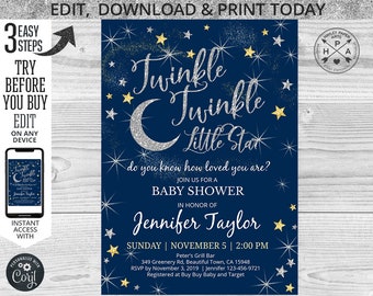 EDITABLE Twinkle twinkle little star baby shower silver navy blue invitation. Instant access to the printable. Customized by you. 009HPA 02