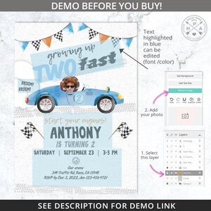 May include: A blue and white birthday invitation with a cartoon race car and the text "growing up two fast". The invitation is for a boy named Anthony who is turning two. The invitation includes the date, time, and location of the party.