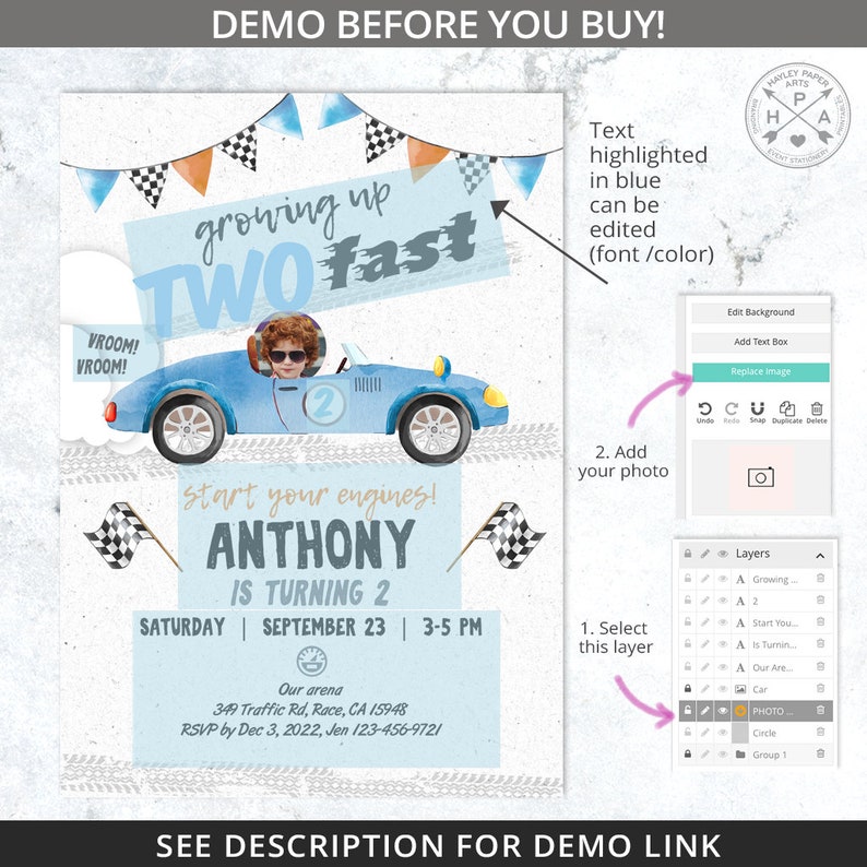 May include: A blue and white birthday invitation with a cartoon race car and the text "growing up two fast". The invitation is for a boy named Anthony who is turning two. The invitation includes the date, time, and location of the party.