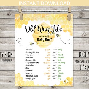 BEE gender reveal baby shower Old Wives Tales party table sign 11x14 boy girl printable poster what will baby bee. NOT EDITABLE 049HPA 21 04