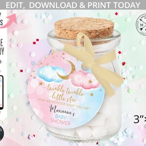 Twinkle twinkle little star tag gender reveal baby shower gunst label bedanklabels. Blauwroze wolkensterren rond cirkel 3"x3". 177HPA 21 C