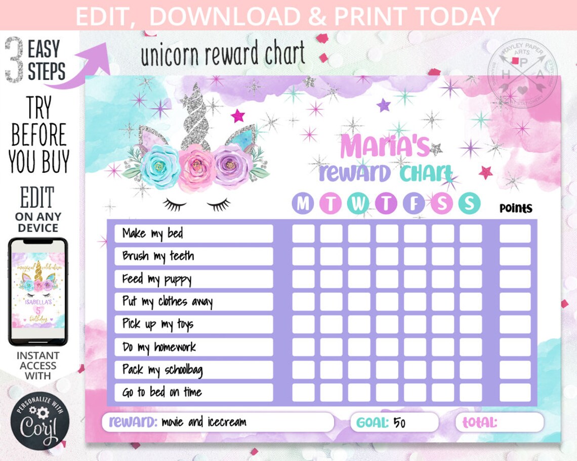 Unicorn Reward Chart for Girls Kids Behavior Daily Chore Charts Daily ...