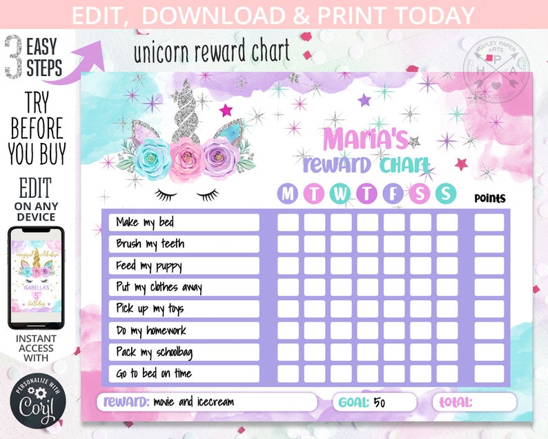 Unicorn reward chart for girls kids behavior daily chore charts daily routine purple magic silver stars. Editable template. 405hpa 064 F image 1