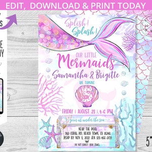 Mermaids twins party invitation birthday pink teal purple under the sea mermaid tail treasure box invitations. Editable printable. 199HPA 06