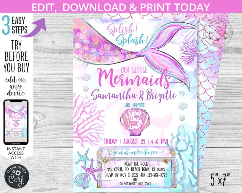 May include: A printable invitation for a mermaid-themed birthday party. The invitation features a pink and purple mermaid tail with the text "Splish! Splash!" and "Our Little Mermaids Samantha & Brigitte are turning 5". The invitation is 5 inches by 7 inches.