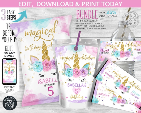 BUNDLE Unicorn magical chip or snacks bag, water bottle label, hersheys bar wrappers, chips pouch, favors, self editable template. 046HPA 26 Il_570xn