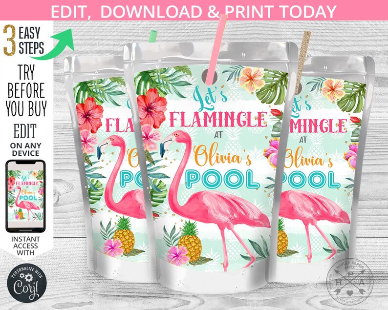 May include: Three printable juice box labels featuring a pink flamingo with the text "Let's Flamingle at Olivia's Pool". The labels have a tropical theme with pink flowers, green leaves, and pineapple accents.