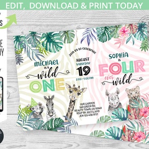 May include: Editable jungle-themed birthday invitation with a pink and green zebra print background. The invitation features a giraffe, rhino, and leopard with the text "Sophia is Four ever wild" and "Michael is a wild one".