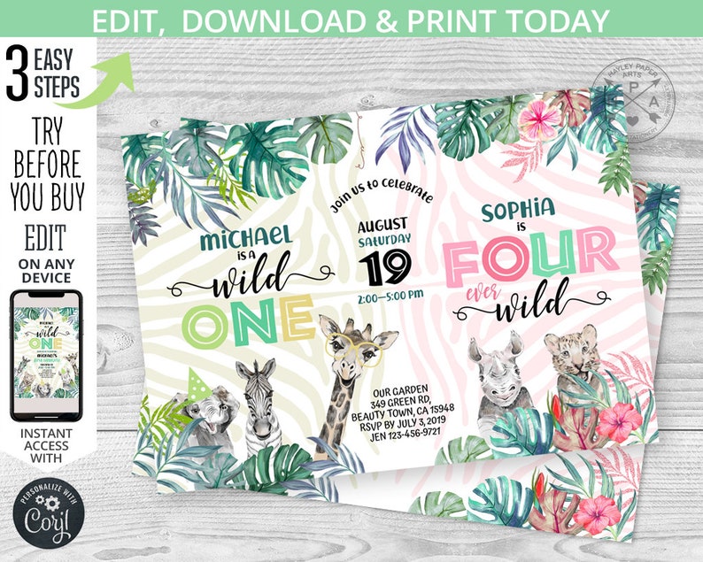 May include: Editable jungle-themed birthday invitation with a pink and green zebra print background. The invitation features a giraffe, rhino, and leopard with the text "Sophia is Four ever wild" and "Michael is a wild one".