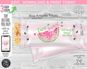 Two Sweet Melon rice krispies treats wrapper label, watermelon second birthday rice krispie treat favors. Editable template. 050HPA 33 D