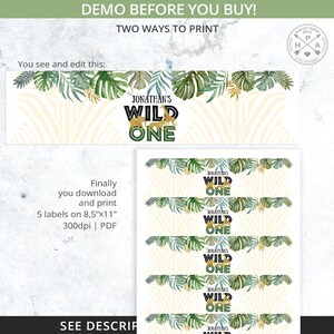 Op de afbeelding: Printbaar PDF-bestand van 8,5 x 11 inch met 5 labels met een jungle-thema met groene bladeren en een zebraprint achtergrond. De labels zeggen "Jonathan's Wild One" in goud en groene tekst.