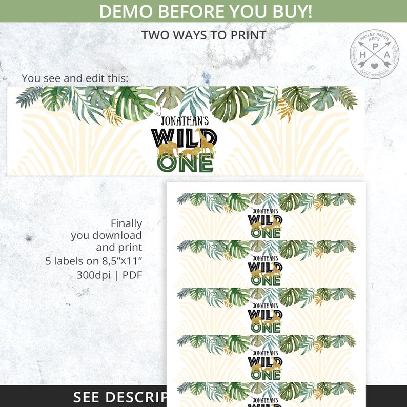 Op de afbeelding: Printbaar PDF-bestand van 8,5 x 11 inch met 5 labels met een jungle-thema met groene bladeren en een zebraprint achtergrond. De labels zeggen "Jonathan's Wild One" in goud en groene tekst.
