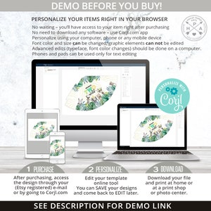 May include: A digital mockup of a printable party hat design featuring a jungle theme with the text "Two Wild". The design is shown on a computer screen, tablet, and phone, demonstrating the ability to personalise the design using an online tool.