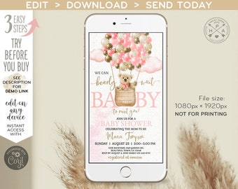 Bear baby shower electronic invitation bearly wait balloons pink hot air balloon party smartphone e-vite digital invite. E196 06 196HPA