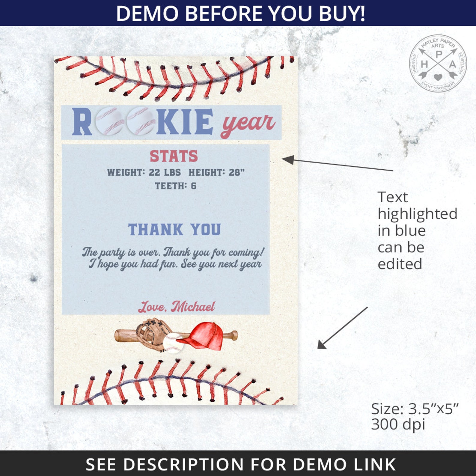 Baseball Birthday Thank You Card. Baseball 1st Year Rookie Stats Card ...