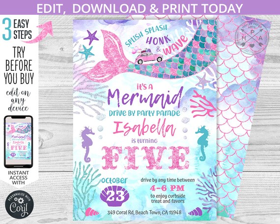 Mermaid FIVE drive by birthday parade quarantine invitation pink glitter distance party invite invitations. Editable template. 060HPA 43 Q Il_570xn