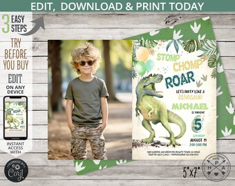 May include: A green dinosaur birthday invitation with a green, yellow, and blue colour scheme. The invitation features a cartoon dinosaur with the text "Stomp Chomp Roar Let's Party Like a Dinosaur! Michael is turning 5 Saturday August 19 2:00-5:00 PM Our Garden, 349 Green Rd, Beauty Town, CA 15948 RSVP by July 1, 2023 | Mamasaurus 123-456-9721 5"x7"