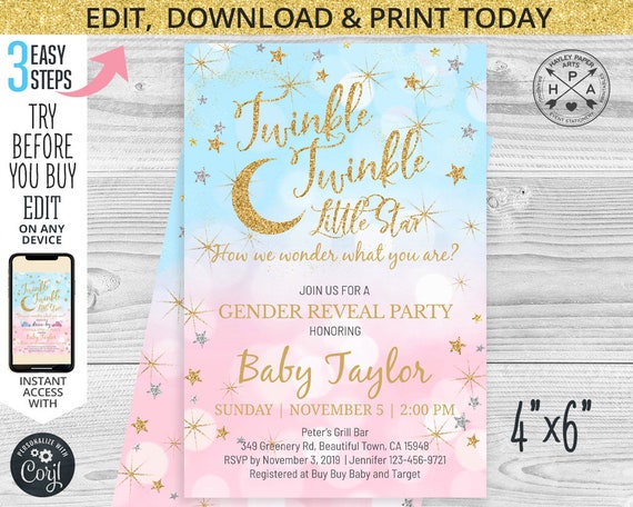 Twinkle twinkle little star gender reveal baby shower pink blue gold 4x6 invitation. Instant access to template. Edited by you. 009HPA 06 Il_570xn