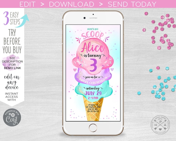 Ice cream electronic birthday invitation here's the scoop icecream girl party, smartphone e-vite. Selfediting template 400HPA E118 01 118HPA Il_570xn