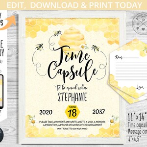 First Bee day time capsule sign 11x14 honey baby girl boy birthday message wishes card Editable. Instant access to the template. 059HPA 11 B