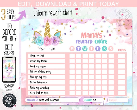 Unicorn reward chart for girls kids behavior daily chore charts daily routine pink pastel magic gold stars. Editable template. 405hpa 046 D Il_570xn