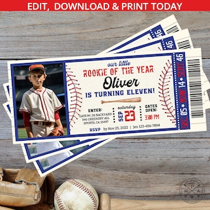 Baseball Ticket Einladung Geburtstag jedes Alter Marine blau rot Junge Foto Party einladen kleiner Rookie Sport Ballspiel. Bearbeitbares Design 191HPA 44 F