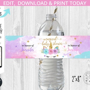 May include: Water bottle label with a unicorn, stars, and the text "magical baby shower" in honor of Jennifer. The label is 2 inches by 8 inches.