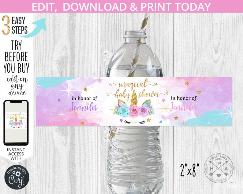 May include: Water bottle label with a unicorn, stars, and the text "magical baby shower" in honor of Jennifer. The label is 2 inches by 8 inches.