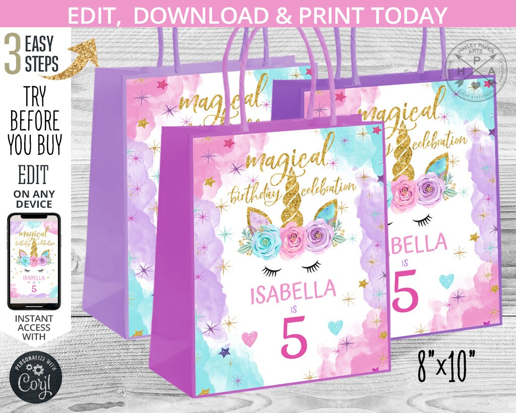 Unicorn Paper Bag Gift Middle Labels. Purple Pink Magical - Etsy