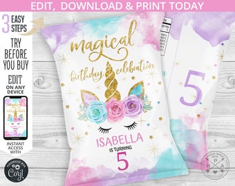 Unicorn magical chip bag, snacks treat bags, unicorn chip bag, chips pouch, favors, any age birthday party editable template. 046HPA 30