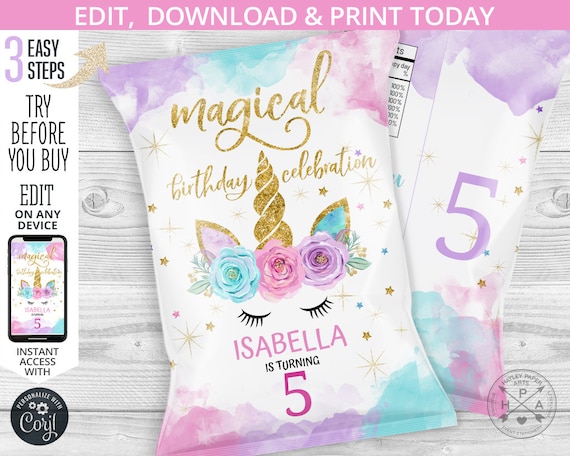 Unicorn magical chip bag, snacks treat bags, unicorn chip bag, chips pouch, favors, any age birthday party editable template. 046HPA 30 Il_570xn