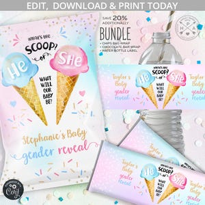 May include: A gender reveal party printable set with a pink and blue ice cream cone design. The set includes a chips bag wrap, chocolate bar wrap, and water bottle label. The text on the labels reads "What's the scoop? He or She? What will our baby be?"