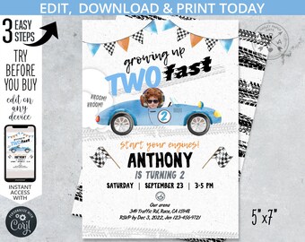 May include: A blue and white race car birthday invitation with a photo placeholder for a child. The invitation says "Growing Up Two Fast" and "Start Your Engines! Anthony is Turning 2". The invitation is 5 inches by 7 inches.
