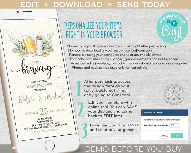 A baby is brewing electronic baby shower invitation beer milk smartphone e-vite, digital selfediting invite. E173 02 173hpa image 4