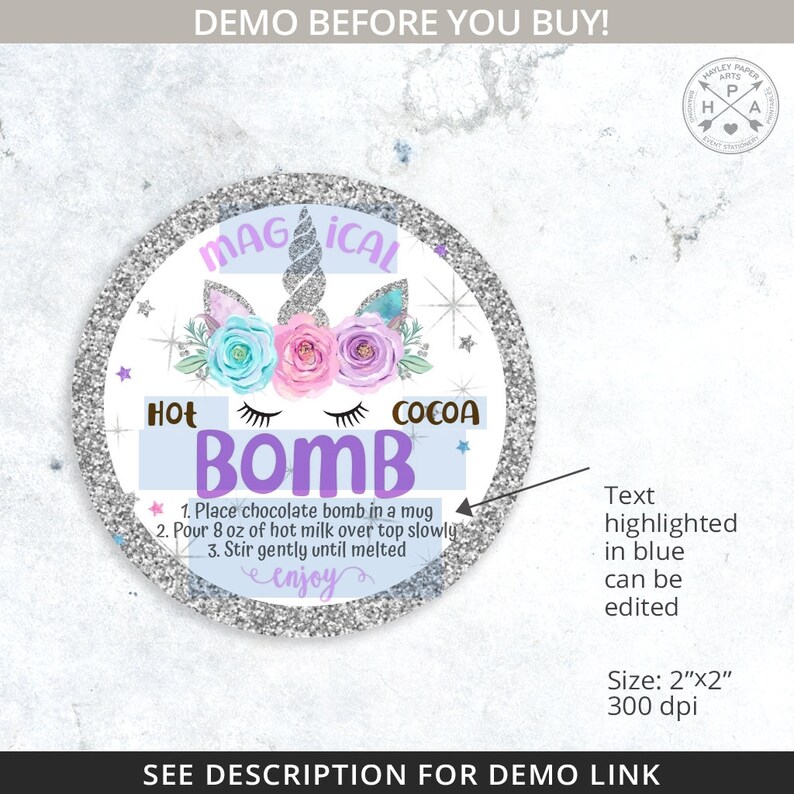 Unicorn hot chocolate bomb tag or sticker. Printable magical cocoa favor tags round silver glitter square 2x2 Editable template 303HPA 064 E image 4