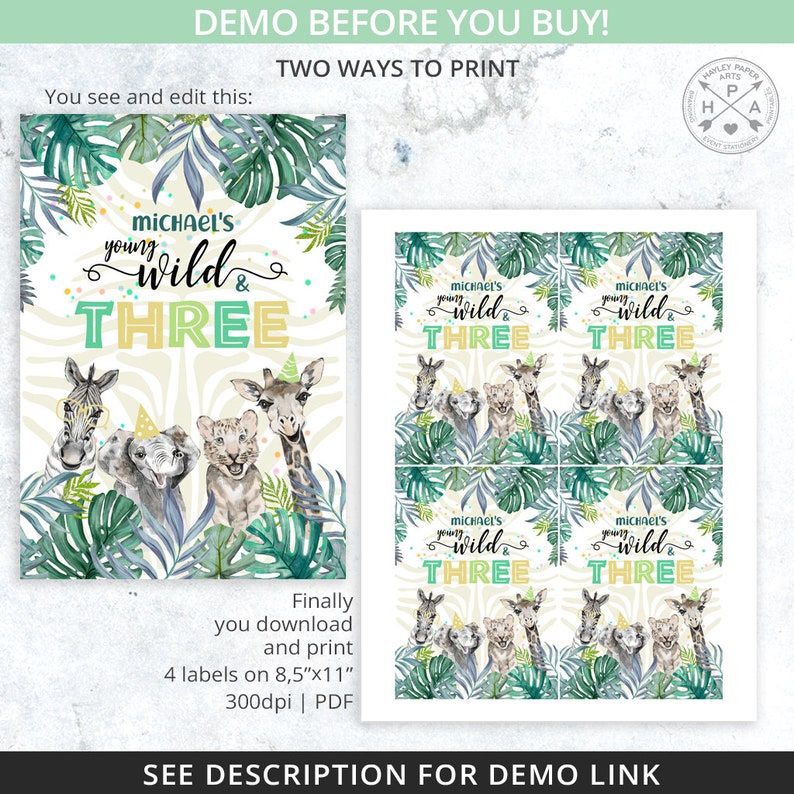 May include: Printable party favor labels featuring a jungle theme with a zebra, giraffe, elephant, and lion. The labels say "Michael's Young Wild & Three".