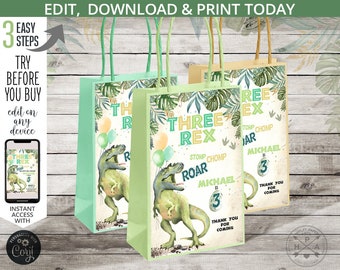 Dinosaur three rex paper bag label, gift labels, T-Rex dino third birthday party, dino-mite favor label. Editable printables. 132HPA 25 A