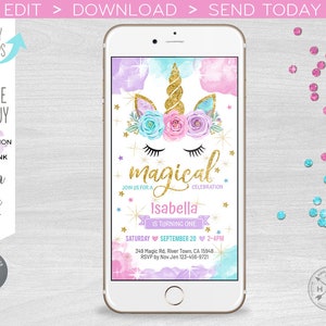 Unicorn one magical electronic birthday invitation first magic party, smartphone e-vite, digital invite. Selfediting. 400HPA E046 01 046HPA