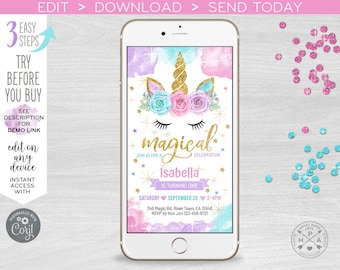 Unicorn one magical electronic birthday invitation first magic party, smartphone e-vite, digital invite. Selfediting. 400HPA E046 01 046HPA