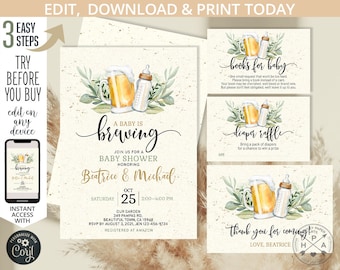 May include: A baby shower invitation with a green and gold color scheme. The invitation features a beer mug and a baby bottle with the text "A Baby is Brewing". The invitation also includes the names "Beatrice & Michael", the date "October 25th", and the time "2:00-4:00 PM".